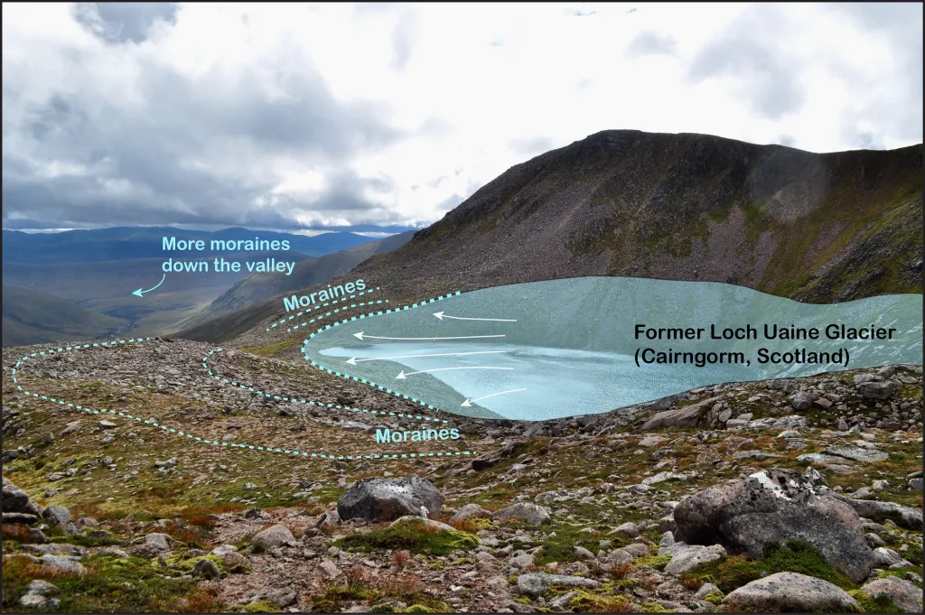 This photo shows the extent of a former glacier located in the high in the Cairngorm of central Scotland